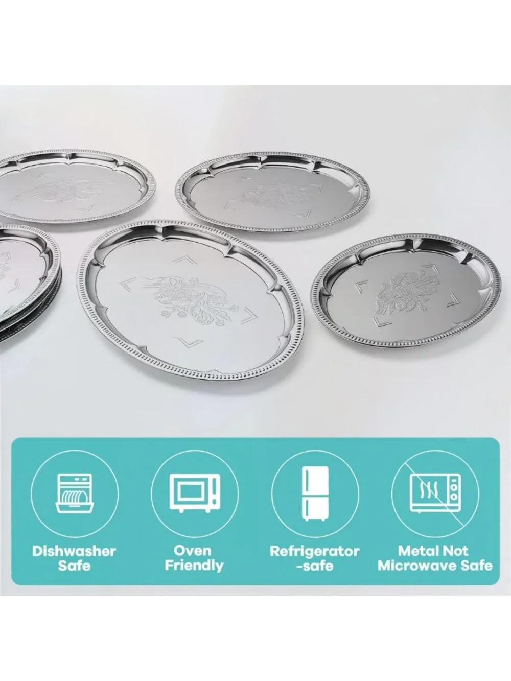 6-Pack Large Silver Oval Serving Trays - Floral Engraved Platters for Parties